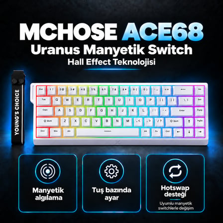 MCHOSE Ace68 E-sport White %65 Hall Effect Uranus Manyetik Switch RGB Hotswap Mekanik Gaming Klavye (MC-Ace68-14)