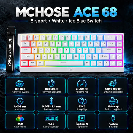 MCHOSE Ace68 E-sport White %65 Hall Effect Ice Blue Manyetik Switch RGB Hotswap Mekanik Gaming Klavye (MC-Ace68-15)