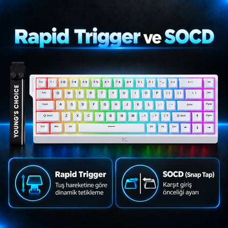 MCHOSE Ace68 E-sport White %65 Hall Effect Ice Blue Manyetik Switch RGB Hotswap Mekanik Gaming Klavye (MC-Ace68-15)
