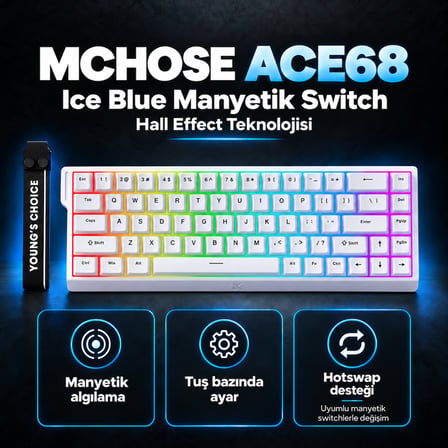 MCHOSE Ace68 E-sport White %65 Hall Effect Ice Blue Manyetik Switch RGB Hotswap Mekanik Gaming Klavye (MC-Ace68-15)