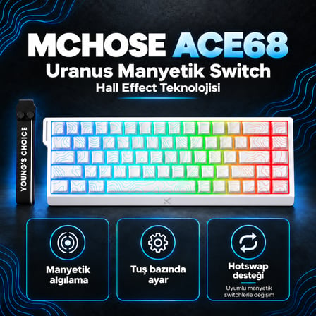 MCHOSE Ace68 E-sport White Topographic %65 Hall Effect Uranus Manyetik Switch eSports RGB Hotswap Mekanik Gaming Klavye (MC-Ace68-16)