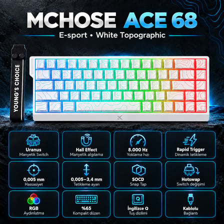 MCHOSE Ace68 E-sport White Topographic %65 Hall Effect Uranus Manyetik Switch eSports RGB Hotswap Mekanik Gaming Klavye (MC-Ace68-16)