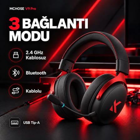 MCHOSE V9 Pro Black Red 7.1 Surround Kablosuz Gaming Kulaklık (HW-V9-4)