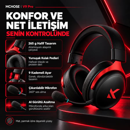 MCHOSE V9 Pro Black Red 7.1 Surround Kablosuz Gaming Kulaklık (HW-V9-4)