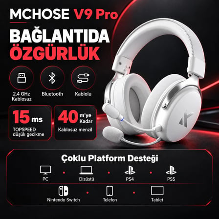 MCHOSE V9 Pro Icy White 7.1 Surround Kablosuz Gaming Kulaklık (MC-V9-5)