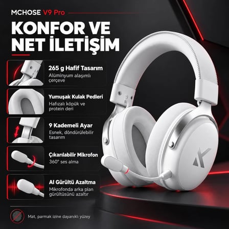 MCHOSE V9 Pro Icy White 7.1 Surround Kablosuz Gaming Kulaklık (MC-V9-5)