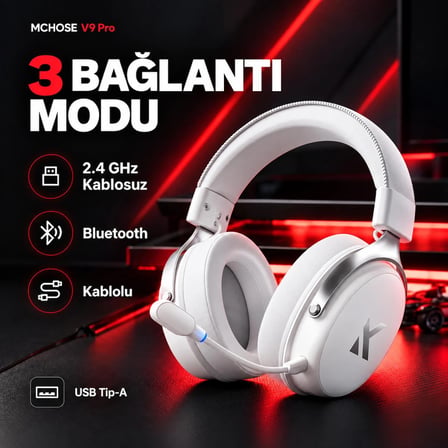 MCHOSE V9 Pro Icy White 7.1 Surround Kablosuz Gaming Kulaklık (MC-V9-5)