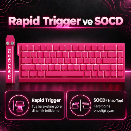 MCHOSE Ace68 E-sport Rose Red %65 Hall Effect Uranus Manyetik Switch eSports RGB Hotswap Mekanik Gaming Klavye (MC-Ace68-24)