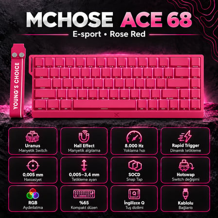 MCHOSE Ace68 E-sport Rose Red %65 Hall Effect Uranus Manyetik Switch eSports RGB Hotswap Mekanik Gaming Klavye (MC-Ace68-24)