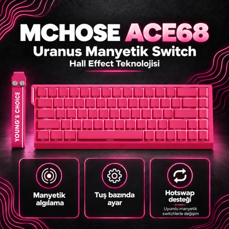 MCHOSE Ace68 E-sport Rose Red %65 Hall Effect Uranus Manyetik Switch eSports RGB Hotswap Mekanik Gaming Klavye (MC-Ace68-24)