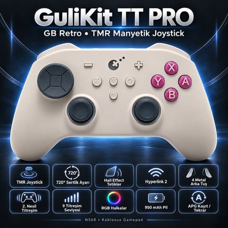 GuliKit TT Pro GB Retro Hall Effect Destekli TMR Manyetik Joystick Kablosuz Gamepad (NS68)