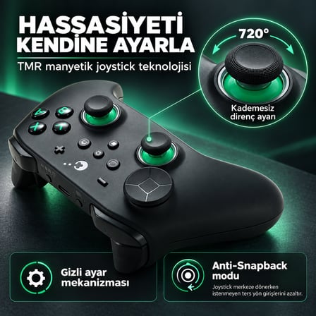 GuliKit TT Pro Black Green Hall Effect Destekli TMR Manyetik Joystick Kablosuz Gamepad (NS68)