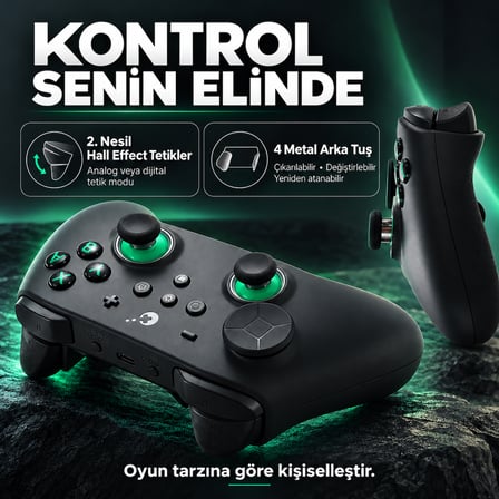 GuliKit TT Pro Black Green Hall Effect Destekli TMR Manyetik Joystick Kablosuz Gamepad (NS68)