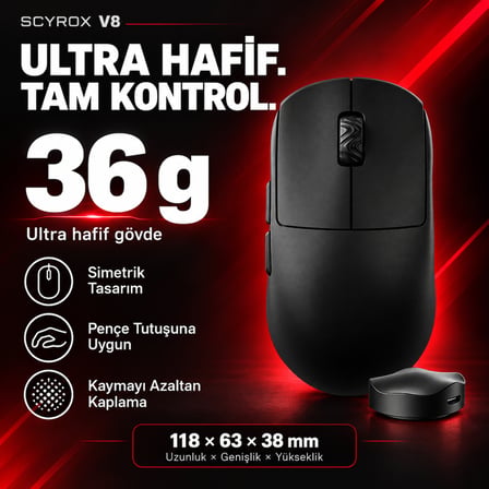 Scyrox V8 Siyah 8K Hz Pixart 3950 Sensör Kailh Switch Kablosuz Simetrik Gaming Mouse