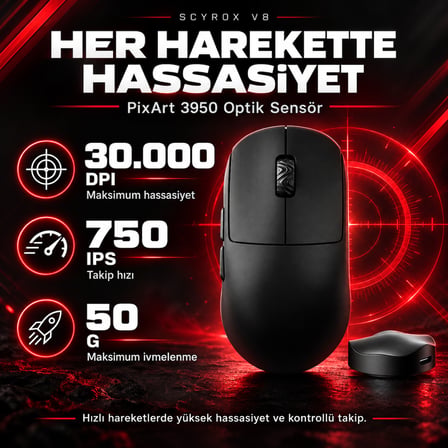Scyrox V8 Siyah 8K Hz Pixart 3950 Sensör Kailh Switch Kablosuz Simetrik Gaming Mouse