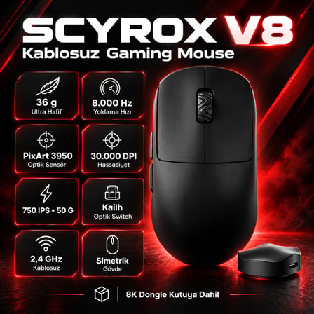Scyrox V8 Siyah 8K Hz Pixart 3950 Sensör Kailh Switch Kablosuz Simetrik Gaming Mouse