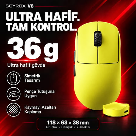 Scyrox V8 8K Hz PixArt 3950 Sensör Sarı Kablosuz Simetrik Gaming Mouse