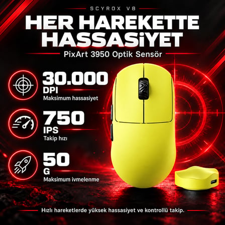 Scyrox V8 8K Hz PixArt 3950 Sensör Sarı Kablosuz Simetrik Gaming Mouse