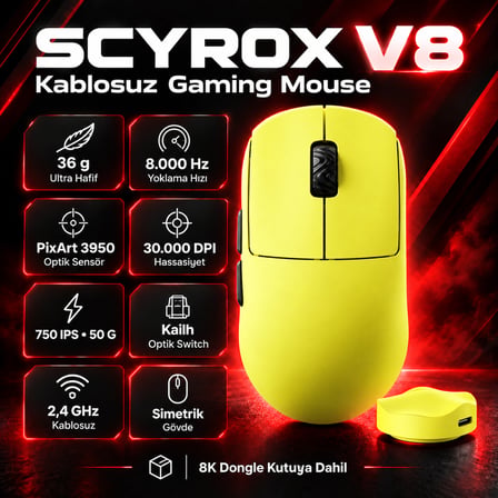 Scyrox V8 8K Hz PixArt 3950 Sensör Sarı Kablosuz Simetrik Gaming Mouse