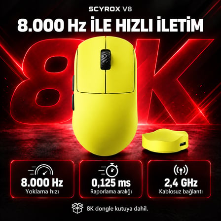 Scyrox V8 8K Hz PixArt 3950 Sensör Sarı Kablosuz Simetrik Gaming Mouse