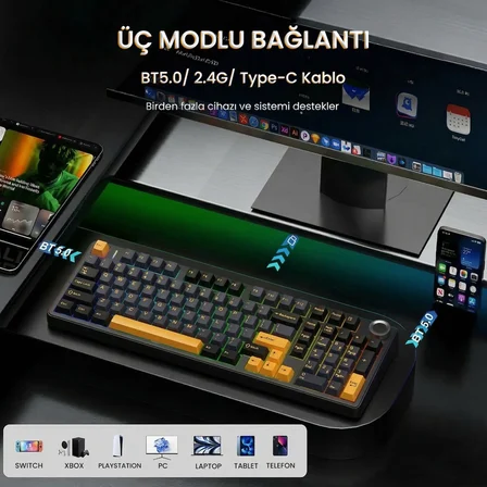 Aula F99 Pro 3 Modlu RGB Hot Swap Mekanik Star Vector Switch Kablosuz Makrolu Klavye Siyah