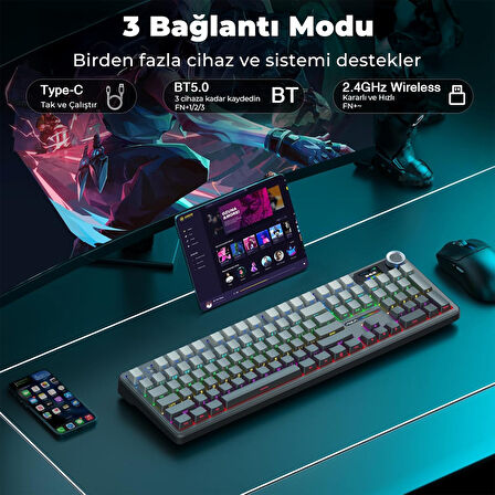 Aula F108 Pro Ekranlı Mekanik Klavye Nimbus Switch RGB Hot Swap 8000mAh Makrolu Oyuncu Klavyesi Gri
