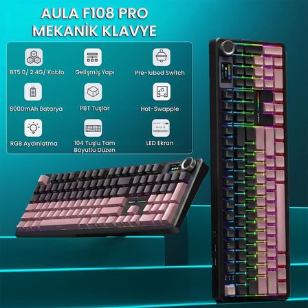 Aula F108 Pro Ekranlı Mekanik Klavye Graywood V3 Switch RGB Hot Swap 8000mAh Makrolu Oyuncu Klavyesi Gradyan Pembe