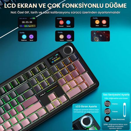 Aula F108 Pro Ekranlı Mekanik Klavye Graywood V3 Switch RGB Hot Swap 8000mAh Makrolu Oyuncu Klavyesi Gradyan Pembe