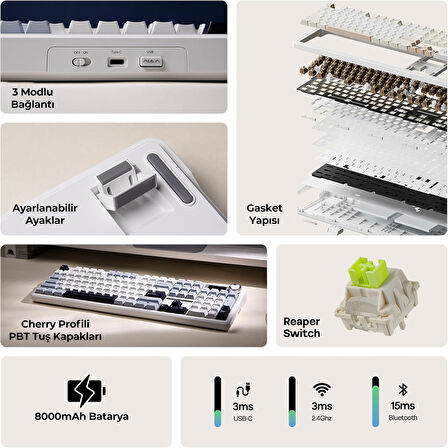 Aula F108 Pro Ekranlı Mekanik Klavye Reaper Switch RGB Hot Swap 8000mAh Makrolu Oyuncu Klavyesi Mavi