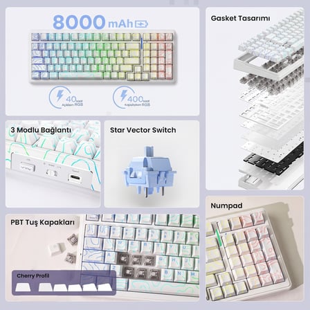 Aula F99 Mekanik RGB Star Vector Switch 3 Modlu Kablosuz Makrolu Hot Swap Klavye Desenli Beyaz
