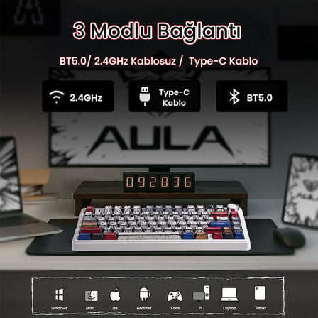 Aula F75 Mekanik RGB TKL Reaper Switch Kablosuz Makrolu Hot Swap Klavye Comic