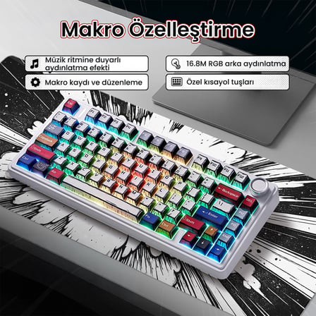 Aula F75 Mekanik RGB TKL Reaper Switch Kablosuz Makrolu Hot Swap Klavye Comic