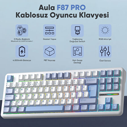Aula F87 PRO Mekanik RGB TKL GrayWood V4 Switch Kablosuz Makrolu Hot Swap Türkçe Q Klavye Buz Mavisi
