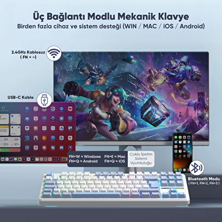 Aula F87 PRO Mekanik RGB TKL GrayWood V4 Switch Kablosuz Makrolu Hot Swap Türkçe Q Klavye Buz Mavisi