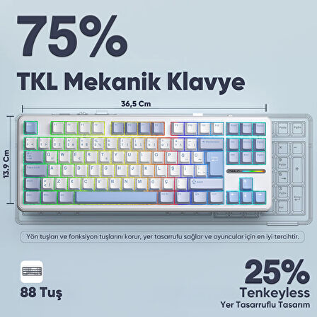 Aula F87 PRO Mekanik RGB TKL GrayWood V4 Switch Kablosuz Makrolu Hot Swap Türkçe Q Klavye Buz Mavisi
