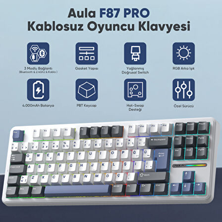 Aula F87 PRO Mekanik RGB TKL GrayWood V4 Switch Kablosuz Makrolu Hot Swap Türkçe Q Klavye Mavi