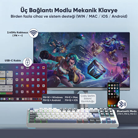 Aula F87 PRO Mekanik RGB TKL GrayWood V4 Switch Kablosuz Makrolu Hot Swap Türkçe Q Klavye Mavi