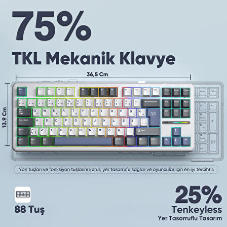 Aula F87 PRO Mekanik RGB TKL GrayWood V4 Switch Kablosuz Makrolu Hot Swap Türkçe Q Klavye Mavi