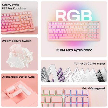 Aula F99 Mekanik RGB Dream Sakura Switch 3 Modlu Kablosuz Makrolu Hot Swap Klavye Gradyan Pembe
