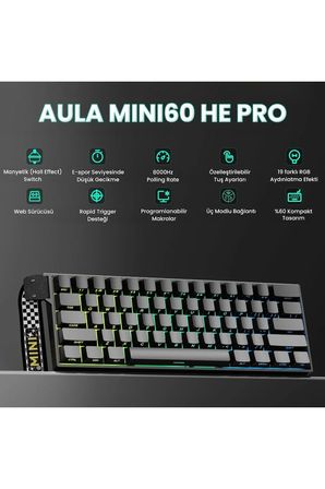 Mini 60 He Pro Hall Effect Manyetik Klavye Rapid Trigger Stromrise Switch 8000Hz TKL Hot Swap Oyuncu Klavyesi Siyah