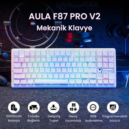 Aula F87 PRO V2 Mekanik RGB TKL Star Vector Switch Kablosuz Makrolu Hot Swap Klavye Desenli Beyaz