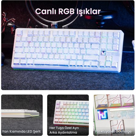 Aula F87 PRO V2 Mekanik RGB TKL Star Vector Switch Kablosuz Makrolu Hot Swap Klavye Desenli Beyaz