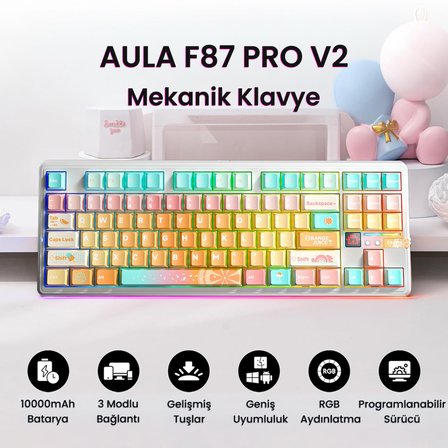 Aula F87 PRO V2 Mekanik RGB TKL Meteor Ice Cream Switch Kablosuz Makrolu Hot Swap Klavye Orange Juice