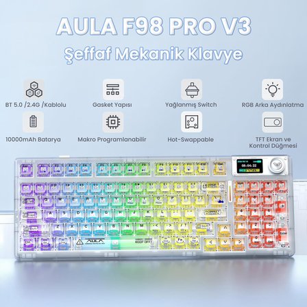 Aula F98 Pro V3 OLED Ekranlı Crystal Switch Makrolu Kablosuz RGB Hot-Swap Gasket Pre-Lubed Switch Mekanik Klavye Şeffaf