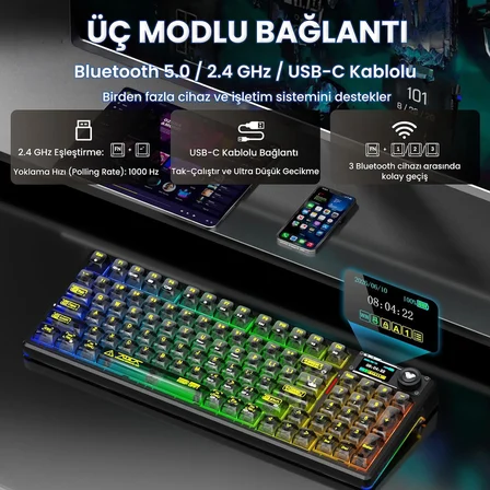 Aula F98 Pro V3 OLED Ekranlı Crystal Switch Makrolu Kablosuz RGB Hot-Swap Gasket Pre-Lubed Switch Mekanik Klavye Şeffaf Siyah