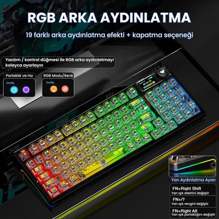 Aula F98 Pro V3 OLED Ekranlı Crystal Switch Makrolu Kablosuz RGB Hot-Swap Gasket Pre-Lubed Switch Mekanik Klavye Şeffaf Siyah