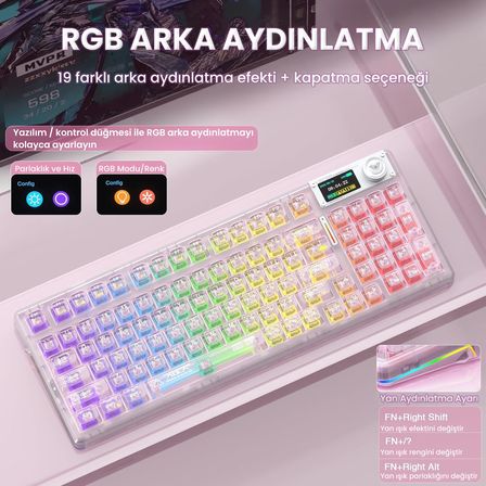 Aula F98 Pro V3 OLED Ekranlı Crystal Switch Makrolu Kablosuz RGB Hot-Swap Gasket Pre-Lubed Switch Mekanik Klavye Şeffaf Pembe