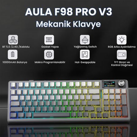 Aula F98 Pro V3 OLED Ekranlı Crystal Switch Makrolu Kablosuz RGB Hot-Swap Gasket Pre-Lubed Switch Mekanik Klavye Gradyan Gri