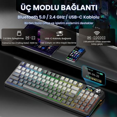 Aula F98 Pro V3 OLED Ekranlı Crystal Switch Makrolu Kablosuz RGB Hot-Swap Gasket Pre-Lubed Switch Mekanik Klavye Gradyan Gri