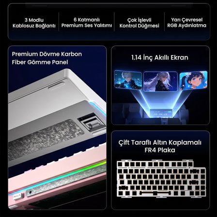 Aula Nova75 Mekanik RGB Klavye TKL Star Vector Switch Tri Mode Kablosuz Makrolu Hot Swap Gaming Oyuncu Klavyesi Gri